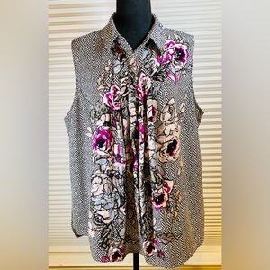 Fylo London XL Sleeveless Black/White Blouse Top w/Floral Details; Pleated Front